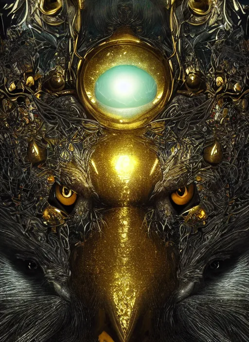 Image similar to best book cover design, glowing silver and golden elements, full close-up portrait of realistic crow with gems, book cover, green forest, white moon, establishing shot, extremly high detail, photo-realistic, cinematic lighting, by Yoshitaka Amano, Ruan Jia, Kentaro Miura, Artgerm, post processed, concept art, artstation, matte painting, style by eddie mendoza, raphael lacoste, alex ross