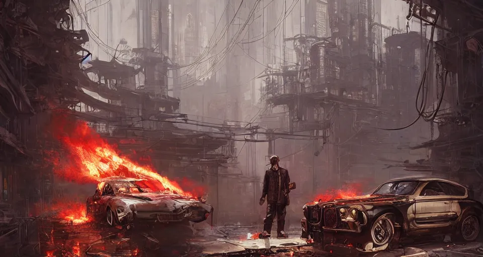 Image similar to a highly detailed epic cinematic concept art CG render digital painting artwork scene: a man kept alive by a smoking combustion engine. retrofuturistic 1920s cyberpunk steampunk. By Greg Rutkowski, Ilya Kuvshinov, WLOP, Stanley Artgerm Lau, Ruan Jia and Fenghua Zhong, trending on ArtStation, made in Maya, Blender and Photoshop, octane render, excellent composition, cinematic dystopian brutalist atmosphere, dynamic dramatic cinematic lighting, aesthetic, very inspirational, arthouse