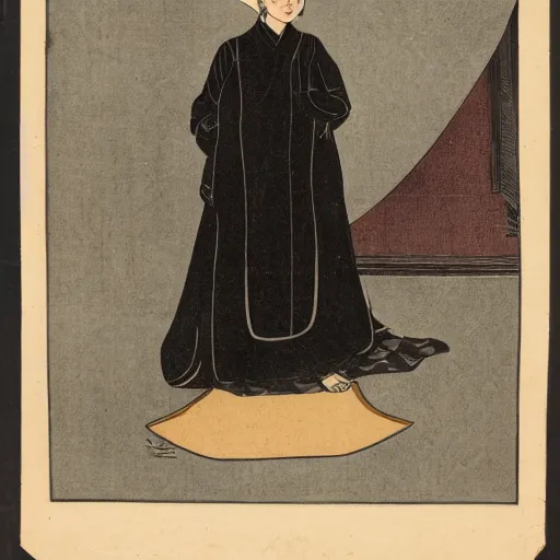 Prompt: portrait of an asian woman in tight-fitting black robes, wearing a badge, fantasy, character portrait, character design