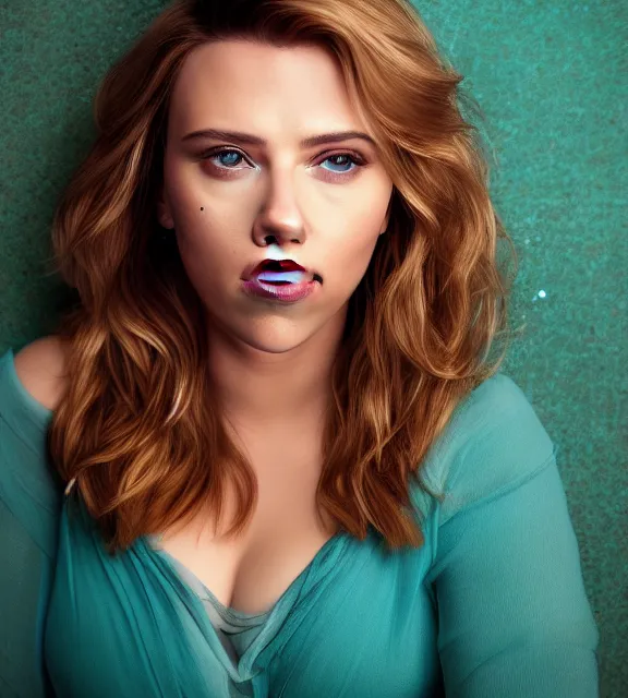 Prompt: beautiful portrait photo of Scarlett Johansson, slight smile, 85mm, teal studio backdrop