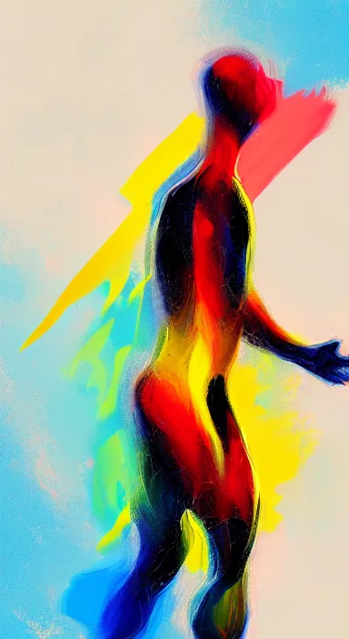 Image similar to abstract, a thin, athletic physique man's body made of abstract, thick flowing dramatic brush strokes, no face, strong wind, white background, matte colors, impressionist, extreme motion, trending on artstation