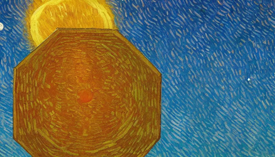 Prompt: the sun being blocked by a hexagon in space, planet earth in the foreground, painted by van gogh