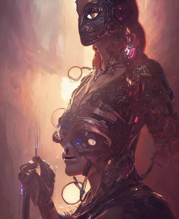 Prompt: portrait of a cyberpunk masked warrior, half body, glowin eyes, d & d, fantasy, intricate, elegant, highly detailed, digital painting, artstation, concept art, art by artgerm and greg rutkowski and alphonse mucha