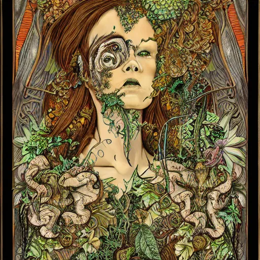 Prompt: a beautiful detailed front view portrait of a rotten woman corpse with fractal plants and fractal flowers and mushrooms growing around, intricate, symmetrical, ornate, ornamentation, illustration, in the style of art nouveau