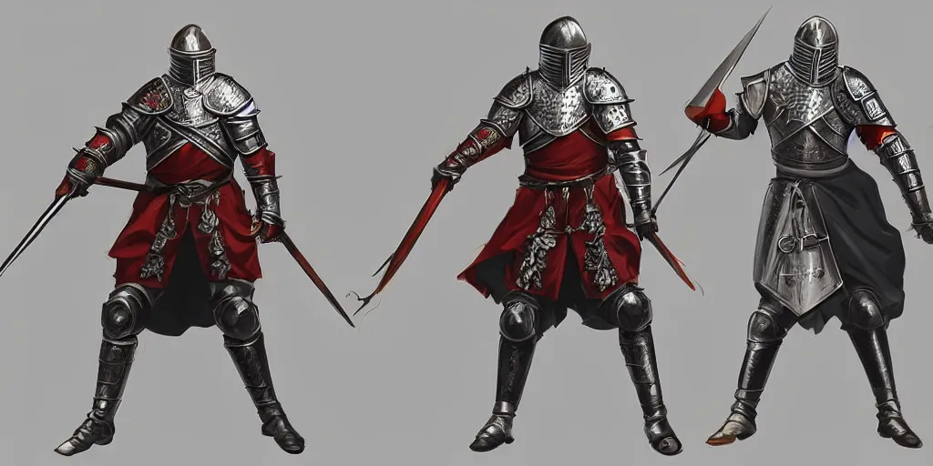 Image similar to different views of medieval knights, concept art by senior character artist, trending on artstation, full body character design, hyperdetailed render