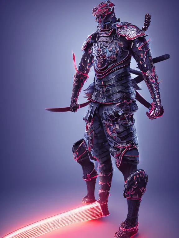 Image similar to full body front view portrait of natural, bio - mechanical ninja samurai, character design, correct anatomy, made in blender, octane render, ray tracing, ultra detailed, fantasy, neon lighting, intricate and highly detailed, coloured with lots of colour, pose, fantasy, sharp focus,