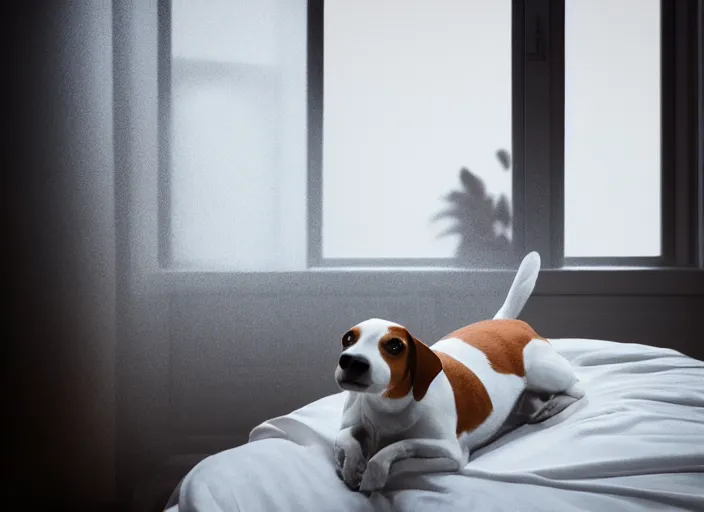 Image similar to photography of a Jack Russel . watching outside the window. on a bed. in a white room. octane render,volumetric light, volumetric fog, photorealistic,, award winning photo, 100mm, sharp, cloth, high res