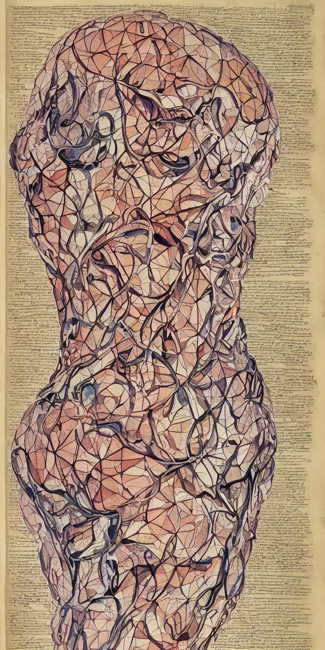 Prompt: an open page of the voronoi manuscript, depicting a digital painting of human anatomy, extremely detailed, professional, epic highlights, full colors