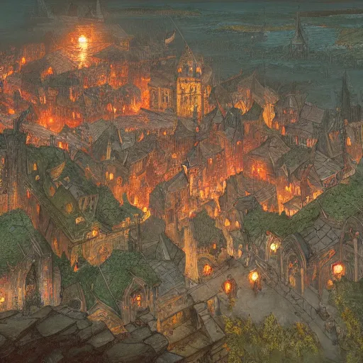 Prompt: a detailed painting of a topdown battlemap from 9 0 degrees angle of a medieval town, special areas marked with transparent red circles, dnd encounter, night, dark fantasy, extremely detailed, no people, photorealistic, octane render, 8 k, unreal engine 5. art by artgerm and greg rutkowski and alphonse mucha