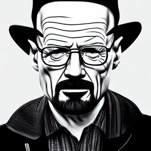 Image similar to Walter White with Coslive Black Hat , accurate anatomy, highly detailed, digital art, centered, portrait