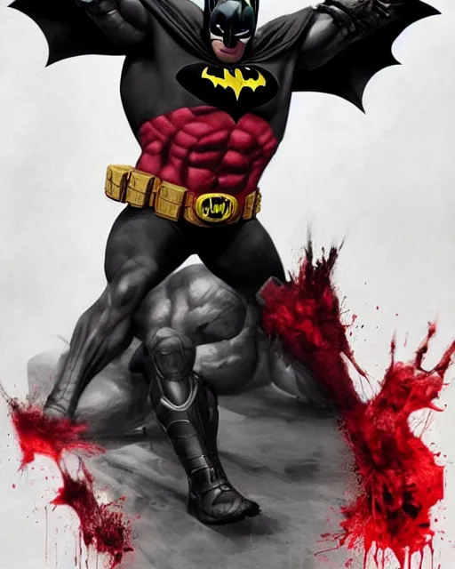 Image similar to character portrait of a muscular old batman with the batlogo in his chest made of blood, piercing bright red eyes, and pale skin, by greg rutkowski, mark brookes, jim burns, tom bagshaw, trending on artstation