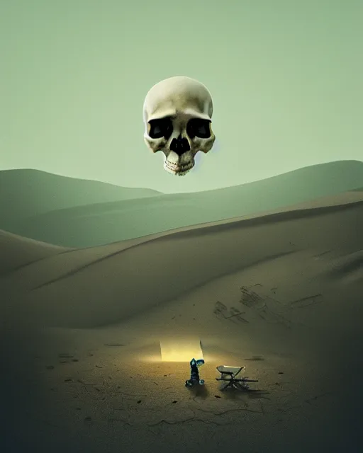 Prompt: epic composition of a skull in dystopian dessert landscape by stuart lippincott, 8 k trending on behance