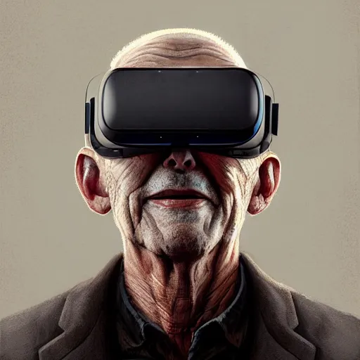 Image similar to Portrait of a man by Greg Rutkowski, symmetrical face, an old man using a VR Headset covering his eyes, Kubric Stare, crooked and uncanny smile smile, highly detailed portrait, scifi, digital painting, artstation, book cover, cyberpunk, concept art, smooth, sharp foccus ilustration, Artstation HQ