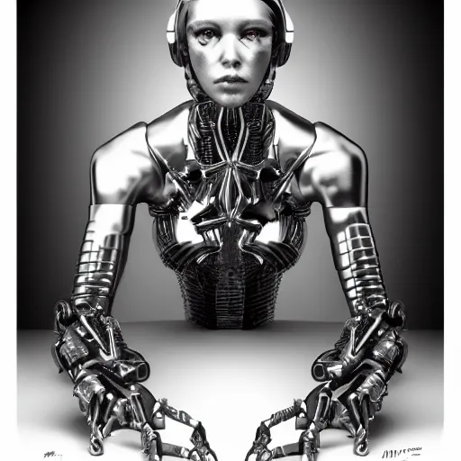 Prompt: 3 d chromium and graphite render of a cyborg machina - nymphette, portrait by tony diterlizzi and h. r giger, ilford hp 5, 5 5 mm, hyper realistic, hyper - mechanistic by artgerm, unreal 5, gothcore, disturbia, joseph christian leyendecker