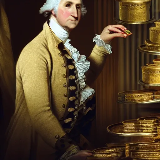 Image similar to a closeup photorealistic photograph of a happy George Washington inspecting small gold Doubloon coins at his home on Cherry Street. This 4K HD image is Trending on Artstation, featured on Behance, well-rendered, extra crisp, features intricate detail and the style of Unreal Engine.