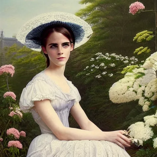 Prompt: full body fashion model emma watson smokey eyes makeup eye shadow fantasy, glow, shimmer as victorian woman in a long white frilly lace dress and a large white hat having tea in a sunroom filled with flowers, roses and lush fern flowers ,intricate, night, highly detailed, dramatic lighting , high quality by Hasui Kawase by Richard Schmid