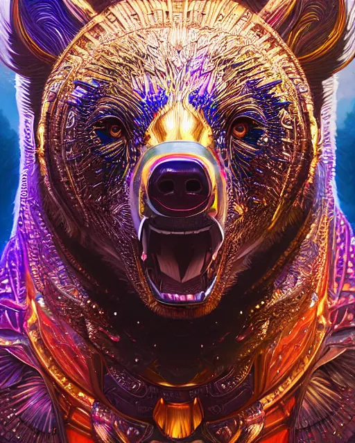 Image similar to highly detailed surreal vfx portrait of a metallic chromatic geometric tribal bear, behance, stephen bliss, unreal engine, greg rutkowski, loish, rhads, beeple, makoto shinkai and lois van baarle, ilya kuvshinov, rossdraws, tom bagshaw, alphonse mucha, global illumination, detailed and intricate environment