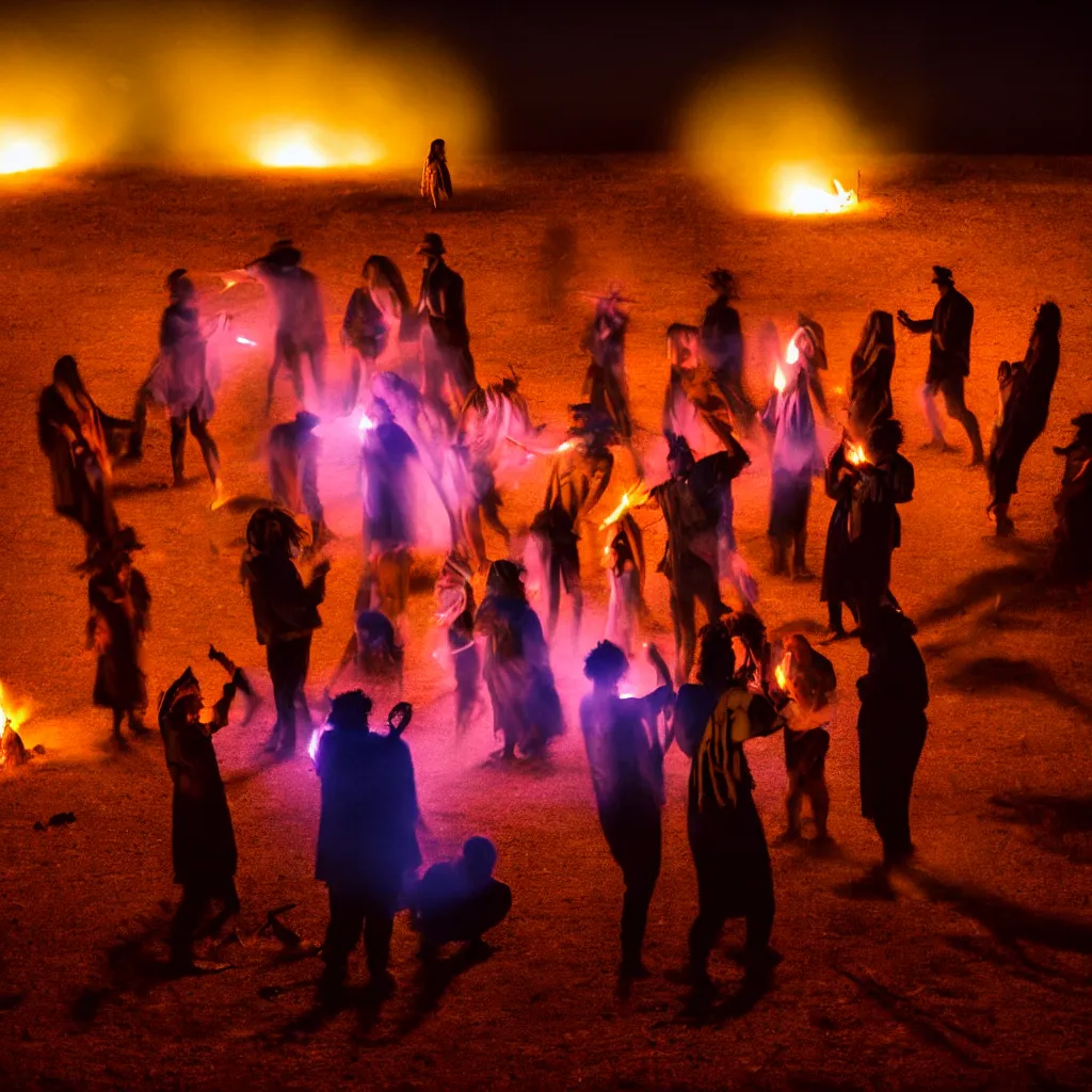 Image similar to atmospheric long exposure night photograph of three ravers, two men, one woman, woman is in a trenchcoat, blessing the soil at night, people facing fire circle, two aboriginal elders, dancefloor kismet, diverse costumes, clean composition, desert transition area, bonfire, atmospheric night, australian desert, symmetry, sony a 7 r