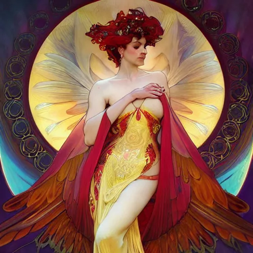 Image similar to a beautiful orchid phoenix angel woman, in an ornamented dress with large wings, volumetric light, god rays, 8 k high resolution, rubies, by alphonse mucha, artgerm, greg rutkowski