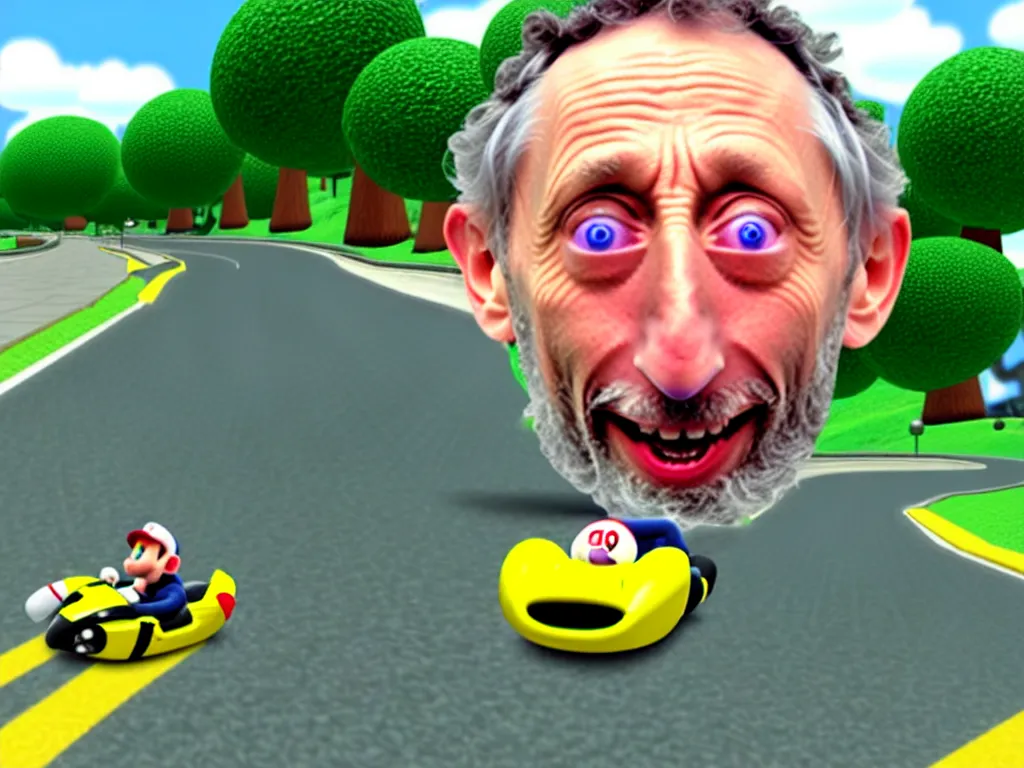 Prompt: realistic micheal rosen on a mario kart wii map