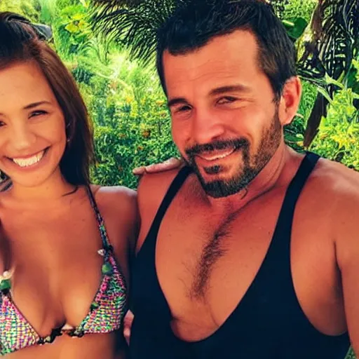 Image similar to photo of a 4 0 year old man that looks young for his age dating a very attractive 2 2 year old colombian woman wearing a bikini. they are at a night club