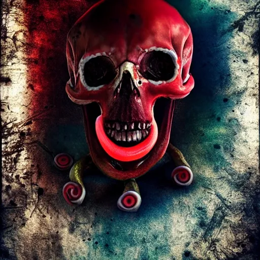 Image similar to bleeding colors skull octopus hybrid, big budget movie scene, horror reality, award winning photograph, cinematic lighting, realistic!, hyperrealism, realistic refine flavor, real photo