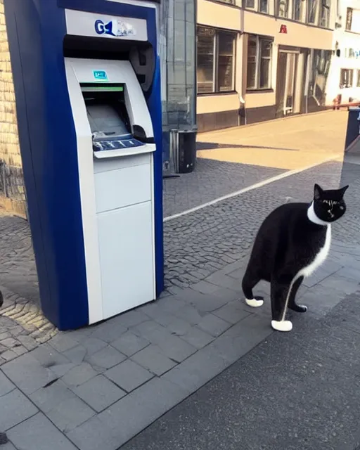 Prompt: cat standing up, in line at an ATM in copenhagen, as seen on reddit, photograph