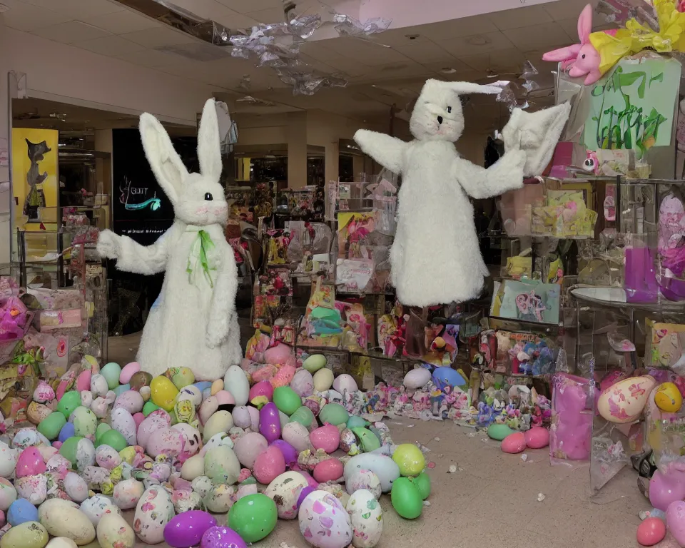 Prompt: the Easter Bunny at a very old mall, horror