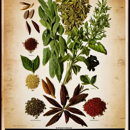 Prompt: a vintage botany poster with different herbs and spices