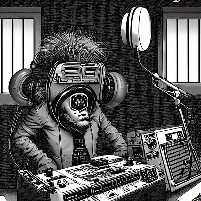 Prompt: a portrait of an anthropomorphic cyberpunk yeti podcasting in his secret electronics lab, detailed render, tape deck, studio microphone, boombox, headphones, epic composition, cybernetics, 4 k realistic, cryengine, realistic shaded lighting, sharp focus, masterpiece, by matteo scalera, gary montalbano, peter elson in the style of the tokyo ghost comic