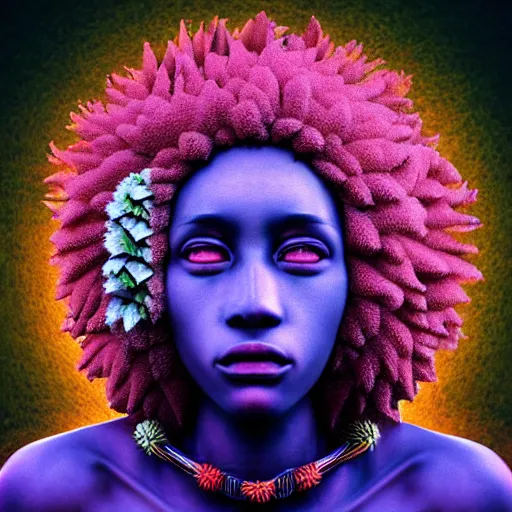 Image similar to a female african marijuanna! shaman with an afro made of flowers, third eye art art by machina infinitum, complexity from simplicity, rendered in octane, mandelbulb 3 d, ambient occlusion, macro photography, felt!!! texture, tribal, pastel! retrowave