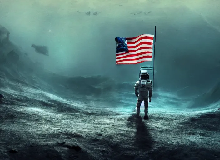 Image similar to astronaut holding a flag in an underwater desert. a submarine is visible in the distance. dark, concept art, cinematic, dramatic, atmospheric, 8 k, trending on artstation, blue, fish, low visibility, fog, ocean floor, christopher nolan, interstellar