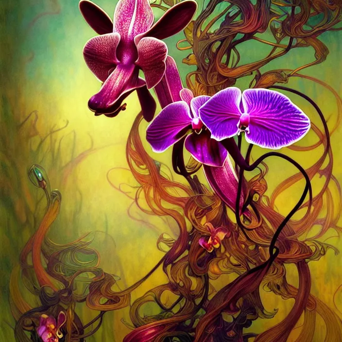 Image similar to psychedelic orchid animal, diffuse lighting, fantasy, intricate, elegant, highly detailed, lifelike, photorealistic, digital painting, artstation, illustration, concept art, smooth, sharp focus, art by John Collier and Albert Aublet and Krenz Cushart and Artem Demura and Alphonse Mucha