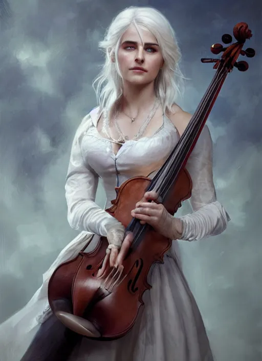Image similar to portrait of ciri from the witcher in a white dress playing the violin. by Daniel F. Gerhartz, hyperrealistic oil painting, 4k, very detailed faces, studio lightning