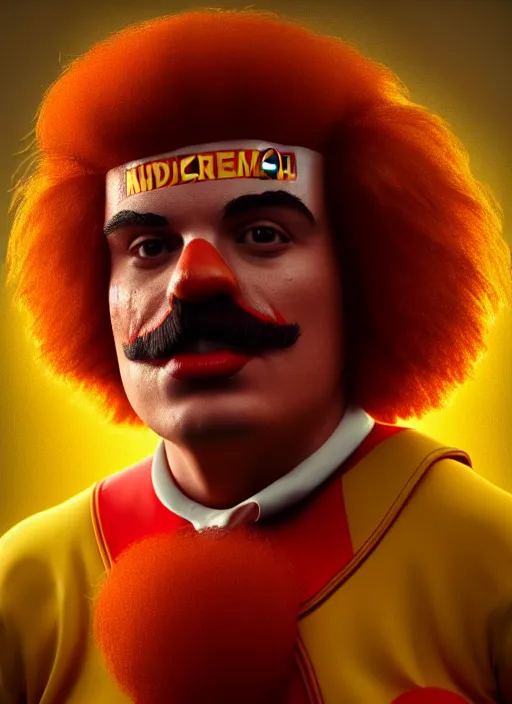 Image similar to portrait of Pedro Sanchez as Ronald McDonald, perfect facial symmetry + dim volumetric lighting, 8k octane beautifully detailed render, post-processing, extremely hyperdetailed, intricate, epic composition, grim yet sparkling atmosphere, cinematic lighting + masterpiece, trending on artstation