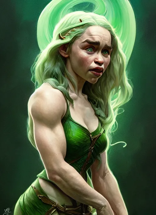 Image similar to portrait of emilia clarke as a goblin, d & d, muscular! green, fantasy, intricate, elegant, highly detailed, digital painting, artstation, concept art, smooth, sharp focus, illustration, art by artgerm and greg rutkowski and alphonse mucha