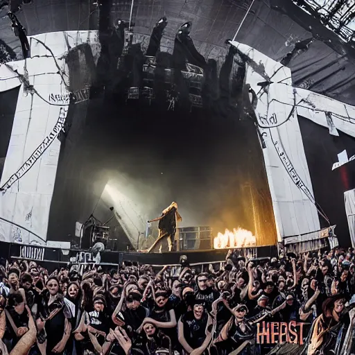 Prompt: lorna shore taking the stage at the hugest festival in the world, giant death wall, award winning photo