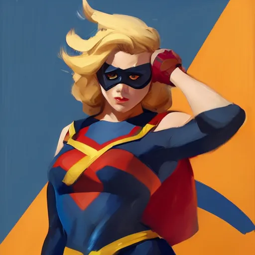 Image similar to greg manchess portrait painting of ms. marvel as overwatch character, medium shot, asymmetrical, profile picture, organic painting, sunny day, matte painting, bold shapes, hard edges, street art, trending on artstation, by huang guangjian and gil elvgren and sachin teng