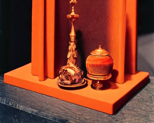 Image similar to by francis bacon, vivian maier, mystical redscale photography evocative. religious relics of the scarlet woman, displayed on an altar, luxury, opulence