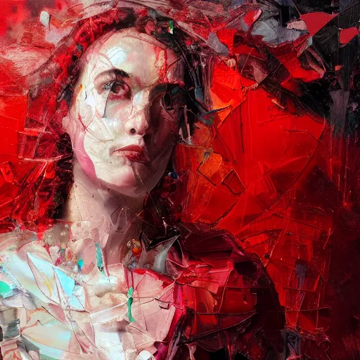 Image similar to a portrait of an intensely lit disoriented female, shattered, red, oil painting, pale colors, high detail, 8 k, wide angle, trending on artstation,