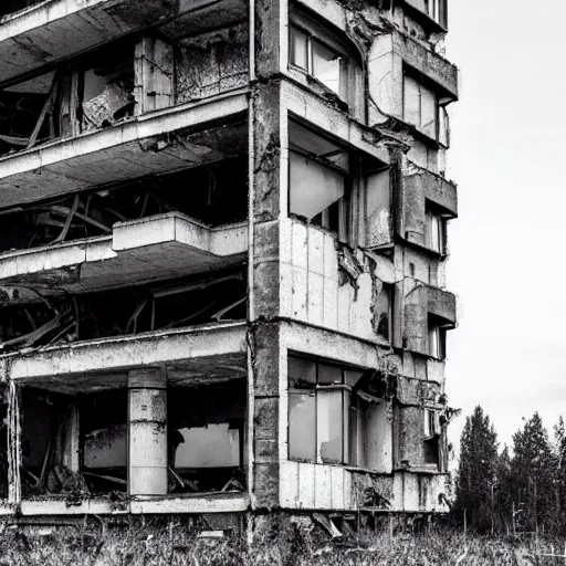 Prompt: a brutalist ruin, abandonned building in the forest in russia, building facing, reflections, broken windows, collapsed walls, symmetry, highly detailed, golden ratio, black and white color scheme, etching render - n 4