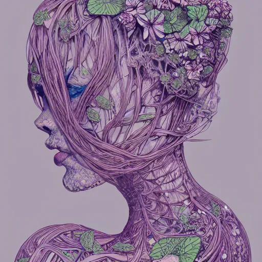 Image similar to the head of an incredibly elegant and beautiful woman partially made of potatoes and violets, an ultrafine detailed illustration by james jean, final fantasy, intricate linework, bright colors, behance contest winner, vanitas, angular, altermodern, unreal engine 5 highly rendered, global illumination, radiant light, detailed and intricate environment