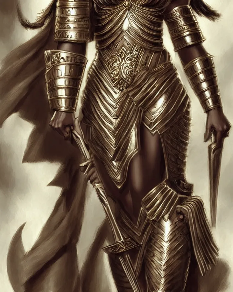 Prompt: a young grace kelly as an amazon warrior, tall and beautiful with brown skin and long hair, dressed in hellenistic body armor, intricate, elegant, highly detailed, smooth, sharp focus, detailed face, art by ardian syaf