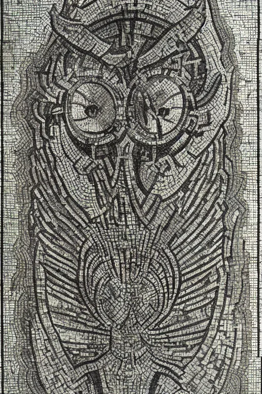 Image similar to realistic medieval etching mosaic of the owls of astarte, intrincate detail, clear cross hatching, detailed faces. by austin osman spare, occult art, alchemical diagram