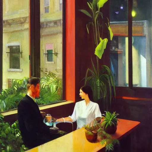 Prompt: an excited couple redefining love in a caffe surrounded by plants, oil on canvas by Francis Bacon and Edward Hopper, bruce pennington, James Gilleard, artstation