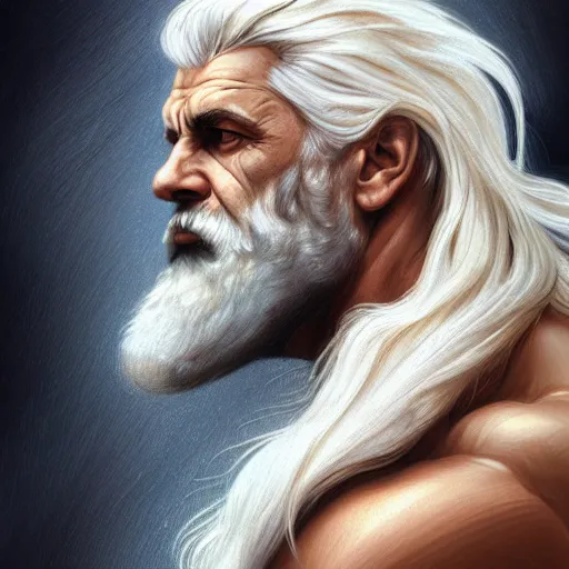 Image similar to half body portrait of rugged zeus, greek god, 4 0 years old, handsome, white hair, soft hair, upper body, muscular, hairy torso, fantasy, intricate, elegant, highly detailed, digital painting, artstation, concept art, smooth, sharp focus, illustration, art by artgerm and greg rutkowski and alphonse mucha