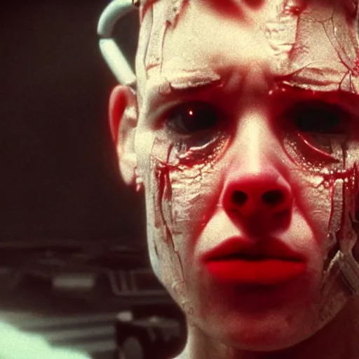 Image similar to movie still of a crying cyborg, cinematic composition, cinematic light, surreal cinema, by edgar wright and david lynch,