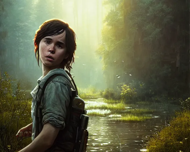 Image similar to highly detailed portrait of ellen page, in the last of us, stephen bliss, unreal engine, fantasy art by greg rutkowski, loish, rhads, ferdinand knab, makoto shinkai and lois van baarle, ilya kuvshinov, rossdraws, tom bagshaw, global illumination, radiant light, detailed and intricate environment