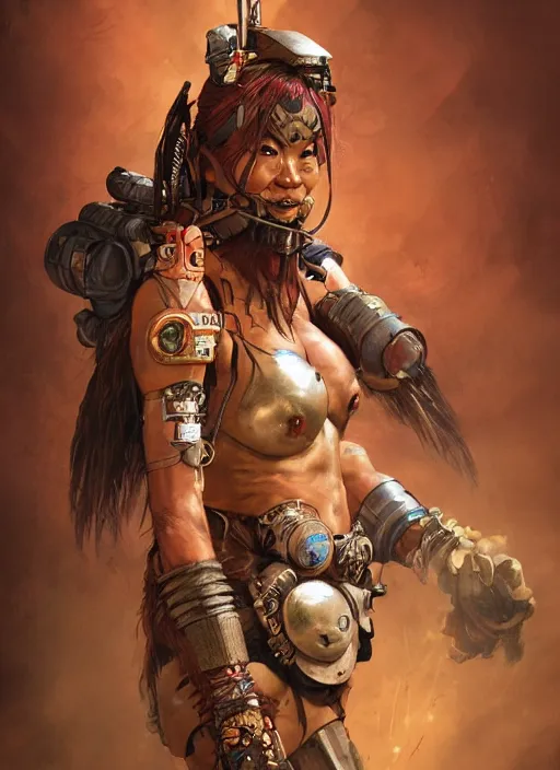 Prompt: hyper realistic photography portrait of postapocalyptic cyberpunk asian cyborg tribal warrior amazon cinematic, muppet show, brom, mucha, moebius juan gimenez artstation, cgsociety