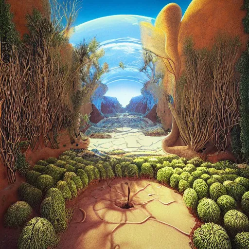 Image similar to surreal environment, hidden garden in the desert by michael whelan, heaven, ultra realistic, aesthetic, beautiful, magical